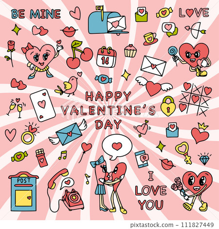 Trendy groovy valentines day sticker set. Retro valentines day. 70s 60s aesthetics. Vintage comic vector. Vector illustration Trendy groovy valentines day sticker set. Retro valentines day. 70s 60s aesthetics. Vintage comic vector. Vector illustration 111827449
