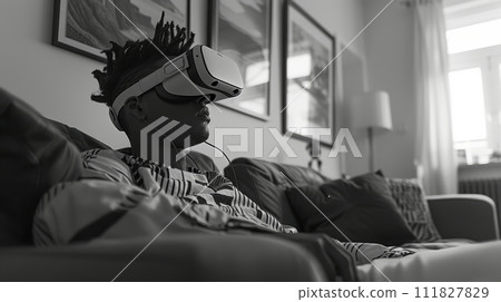 Enjoying VR Vision, immersed in virtual reality while sitting on the living room sofa Enjoying VR Vision, immersed in virtual reality while sitting on the living room sofa 111827829