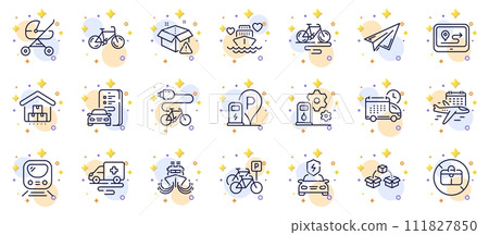 Outline set of Select flight, Bike and Paper plane line icons for web app. Include Delivery warning, Ambulance transport, Charging station pictogram icons. Baby carriage, Gps. Vector Outline set of Select flight, Bike and Paper plane line icons for web app. Include Delivery warning, Ambulance transport, Charging station pictogram icons. Baby carriage, Gps. Vector 111827850