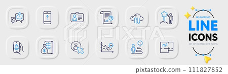 Support, Swipe up and Seo analysis line icons for web app. Pack of Star, Money, Like pictogram icons. Id card, Bell alert, Report signs. Cloud sync, User, Floor plan. Information path. Vector 111827852