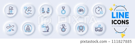 Bicycle prohibited, Timer and Winner reward line icons for web app. Pack of Flag, Fishing rod, Yoga pictogram icons. Arena, Leadership, Winner ribbon signs. Strong arm, Laurel wreath, Medal. Vector Bicycle prohibited, Timer and Winner reward line icons for web app. Pack of Flag, Fishing rod, Yoga pictogram icons. Arena, Leadership, Winner ribbon signs. Strong arm, Laurel wreath, Medal. Vector 111827885