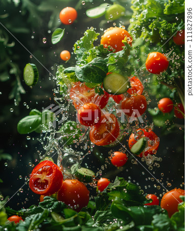 lots of different vegetables flying in the air on a monotonous green background lots of different vegetables flying in the air on a monotonous green background 111827896