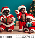 AI-generated content. funny baby dressed in Santa Claus hat on bright festive background 111827913