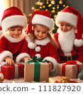 AI-generated content. funny baby dressed in Santa Claus hat on bright festive background 111827920