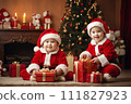 AI-generated content. funny baby dressed in Santa Claus hat on bright festive background 111827923