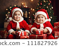 AI-generated content. funny baby dressed in Santa Claus hat on bright festive background 111827926