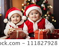 AI-generated content. funny baby dressed in Santa Claus hat on bright festive background 111827928