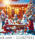 AI-generated content. Happy children gathering in snow-covered yard together sculpting funny snowman from snow. 111827931