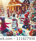 AI-generated content. Happy children gathering in snow-covered yard together sculpting funny snowman from snow. 111827936