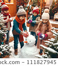 AI-generated content. Happy children gathering in snow-covered yard together sculpting funny snowman from snow. 111827945