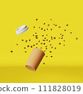 Floating coffee cup flying beans explosion yellow background 3D render. Brown paper cup branding design template mockup. 111828019