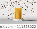 Golden pouch bag mockup falling coffee beans marble podium white background 3D render. Merchandise advertising packaging 111828022