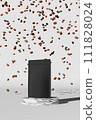 Black pouch bag mockup falling coffee beans marble podium white background 3D render. Merchandise advertising packaging. 111828024