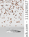 Falling coffee beans on empty marble podium white background harsh shadow 3D render. Merchandise pouch bag promo place. 111828027