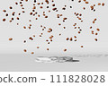 Falling coffee beans on empty marble podium white background harsh shadow 3D render. Merchandise pouch bag promo place. 111828028