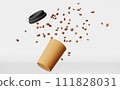 Floating paper coffee cup lid flying beans 3D rendering. Coffee shop beverage discount demonstration branding template 111828031