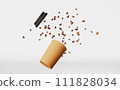 Floating paper coffee cup lid flying beans 3D rendering. Coffee shop beverage discount demonstration branding template 111828034