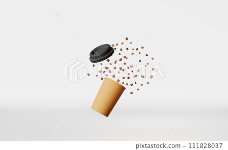 Floating paper coffee cup lid flying beans 3D rendering. Coffee shop beverage discount demonstration branding template Floating paper coffee cup lid flying beans 3D rendering. Coffee shop beverage discount demonstration branding template 111828037