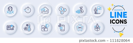 Communication, Money currency and New star line icons for web app. Pack of Global business, Coins bag, Freezing pictogram icons. Leadership, Engineering documentation, Cooking timer signs. Vector Communication, Money currency and New star line icons for web app. Pack of Global business, Coins bag, Freezing pictogram icons. Leadership, Engineering documentation, Cooking timer signs. Vector 111828064