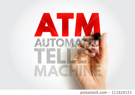 ATM Automated Teller Machine - electronic banking outlets that allow people to complete transactions without going into a bank, acronym text concept background 111828151