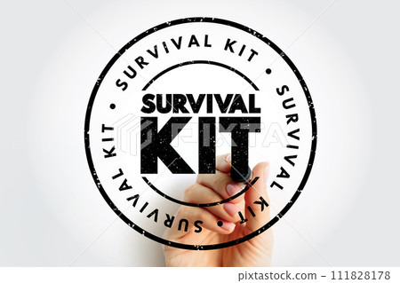 Survival Kit - package of basic tools and supplies prepared as an aid to survival in an emergency, text concept stamp 111828178