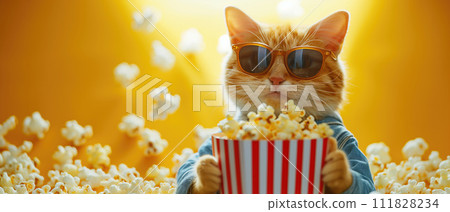 AI-generated content. A cat with sunglasses sitting behind a scattering of popcorn, with a bright yellow background suitable for cinema advertising and featuring copy space for text. 111828234