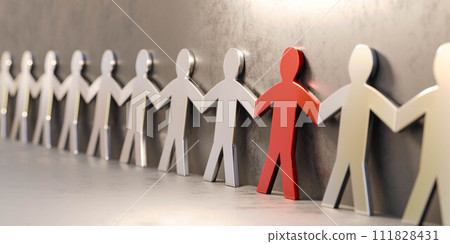 Group of a metallic Paper People Standing Next to a Wall 3d render illustration. teamwork leader business concept Group of a metallic Paper People Standing Next to a Wall 3d render illustration. teamwork leader business concept 111828431