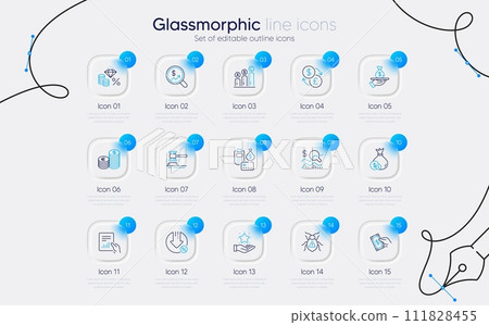 Set of Cash, Loan and Auction hammer line icons for web app. Check investment, Document, Money tax icons. Loyalty program, Currency exchange, Payment signs. Pay money, Currency audit. Vector 111828455
