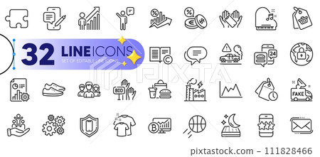 Outline set of Bid offer, Mattress and Text message line icons for web with Lock, Currency exchange, Fast food thin icon. Piano, Sale tag, Exhaust pictogram icon. Messenger mail. Vector 111828466