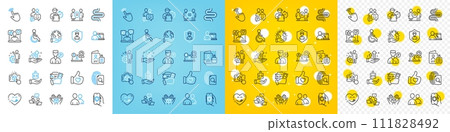 Vector icons set of Delivery man, Analysis graph and Teamwork line icons pack for web with Yummy smile, Security app, Rent car outline icon. Users, Equality, Hold box pictogram. Vector 111828492