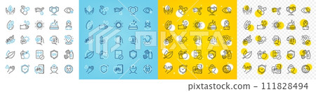 Vector icons set of Vaccine announcement, Shield and Hypoallergenic tested line icons pack for web with Farsightedness, Dont touch, Cardio training outline icon. Mint leaves. Vector 111828494