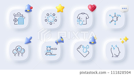 Auction hammer, Stress and Chemical formula line icons. Buttons with 3d bell, chat speech, cursor. Pack of Wash t-shirt, Seo shopping, Like icon. Smartphone waterproof, Stars pictogram. Vector Auction hammer, Stress and Chemical formula line icons. Buttons with 3d bell, chat speech, cursor. Pack of Wash t-shirt, Seo shopping, Like icon. Smartphone waterproof, Stars pictogram. Vector 111828504