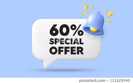 60 percent discount offer tag. 3d speech bubble banner with bell. Sale price promo sign. Special offer symbol. Discount chat speech message. 3d offer talk box. Vector 60 percent discount offer tag. 3d speech bubble banner with bell. Sale price promo sign. Special offer symbol. Discount chat speech message. 3d offer talk box. Vector 111828540