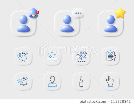 Headshot, Click hand and Clean skin line icons. Placeholder with 3d star, reminder bell, chat. Pack of Notification cart, Champagne bottle, Windmill icon. Rfp, User notification pictogram. Vector Headshot, Click hand and Clean skin line icons. Placeholder with 3d star, reminder bell, chat. Pack of Notification cart, Champagne bottle, Windmill icon. Rfp, User notification pictogram. Vector 111828541