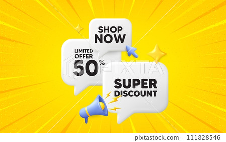 Super discount tag. 3d offer chat speech bubbles. Sale sign. Advertising Discounts symbol. Super discount speech bubble 3d message. Talk box megaphone banner. Vector 111828546