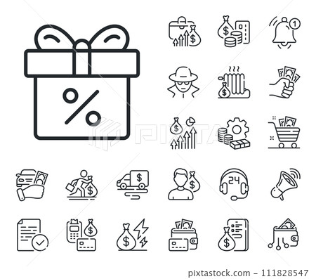 Present or Sale sign. Cash money, loan and mortgage outline icons. Gift box with Percentage line icon. Birthday Shopping symbol. Package in Gift Wrap. Discount offer line sign. Vector Present or Sale sign. Cash money, loan and mortgage outline icons. Gift box with Percentage line icon. Birthday Shopping symbol. Package in Gift Wrap. Discount offer line sign. Vector 111828547