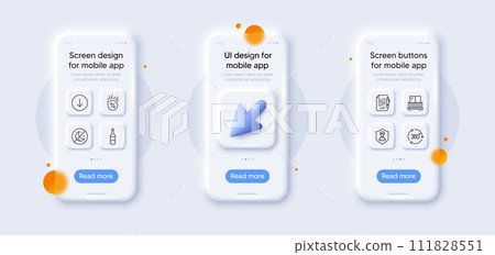 Loan percent, Balcony and Agreement document line icons pack. 3d phone mockups with cursor. Glass smartphone screen. Insomnia, Wine, Security agency web icon. Scroll down, 360 degree pictogram. Vector 111828551