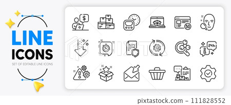 Chemistry lab, Shop cart and Open mail line icons set for app include Inventory report, Low percent, Face search outline thin icon. Warning, Data security, Cogwheel pictogram icon. Vector 111828552
