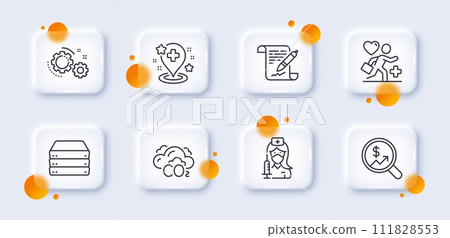 Co2, Patient and Currency audit line icons pack. 3d glass buttons with blurred circles. Vaccination, Agreement document, Hospital web icon. Gears, Servers pictogram. For web app, printing. Vector 111828553