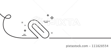 Attach line icon. Continuous one line with curl. Attachment paper clip sign. Office stationery object symbol. Paper clip single outline ribbon. Loop curve pattern. Vector Attach line icon. Continuous one line with curl. Attachment paper clip sign. Office stationery object symbol. Paper clip single outline ribbon. Loop curve pattern. Vector 111828554