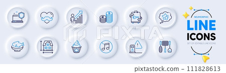 Grill tools, Employee result and Seafood line icons for web app. Pack of Ranking stars, No music, Computer security pictogram icons. Petrol station, Currency, House dimension signs. Cake. Vector Grill tools, Employee result and Seafood line icons for web app. Pack of Ranking stars, No music, Computer security pictogram icons. Petrol station, Currency, House dimension signs. Cake. Vector 111828613
