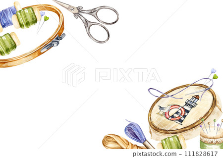 watercolor frame with embroidery tools, hand drawn sketch of handiwork with needlework box, scissors, flosses, yarn, pins, thimble, pincushion, embroidery frame, skein of thread isolated 111828617