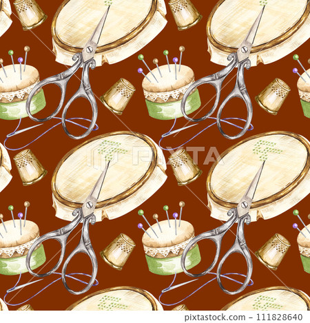 watercolor seamless pattern with embroidery tools, hand drawn sketch of handiwork with scissors, flosses, yarn, pins, thimble, pincushion, embroidery frame, skein of thread on brown background 111828640