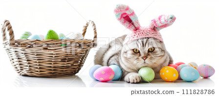 Fluffy Cat with Bunny Ears and Easter Eggs 111828786