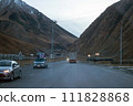 Road among the Caucasus Mountains, Georgian military road, crossing the border between Russia and Georgia 111828868