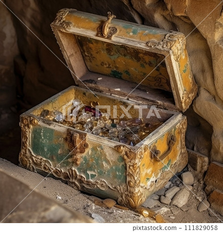 Treasure, antique retro chest with jewelry, gold and coins in an old wall, luck, wealth, unique find 111829058