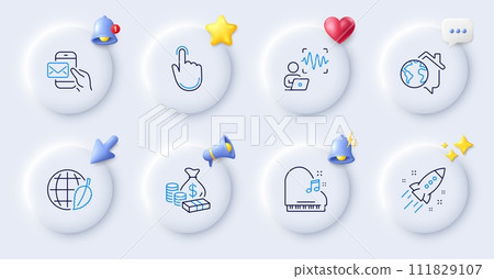 Work home, Voice wave and Startup rocket line icons. Buttons with 3d bell, chat speech, cursor. Pack of Messenger mail, Piano, Environment day icon. Hand click, Money pictogram. Vector Work home, Voice wave and Startup rocket line icons. Buttons with 3d bell, chat speech, cursor. Pack of Messenger mail, Piano, Environment day icon. Hand click, Money pictogram. Vector 111829107