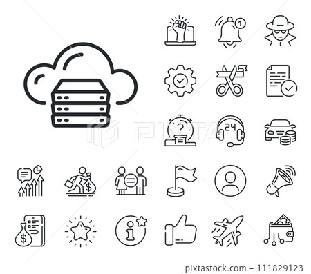 Internet data storage sign. Salaryman, gender equality and alert bell outline icons. Cloud computing server line icon. File hosting technology symbol. Cloud server line sign. Vector 111829123