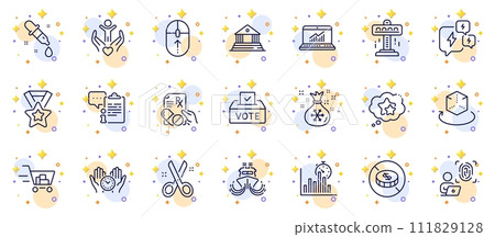 Outline set of Ship, Stress and Volunteer line icons for web app. Include No cash, Chemistry pipette, Shopping cart pictogram icons. Swipe up, Santa sack, Online statistics signs. Vector 111829128