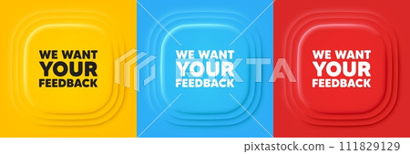 We want your feedback tag. Neumorphic offer banners. Survey or customer opinion sign. Client comment. Your feedback podium background. Product infographics. Vector 111829129
